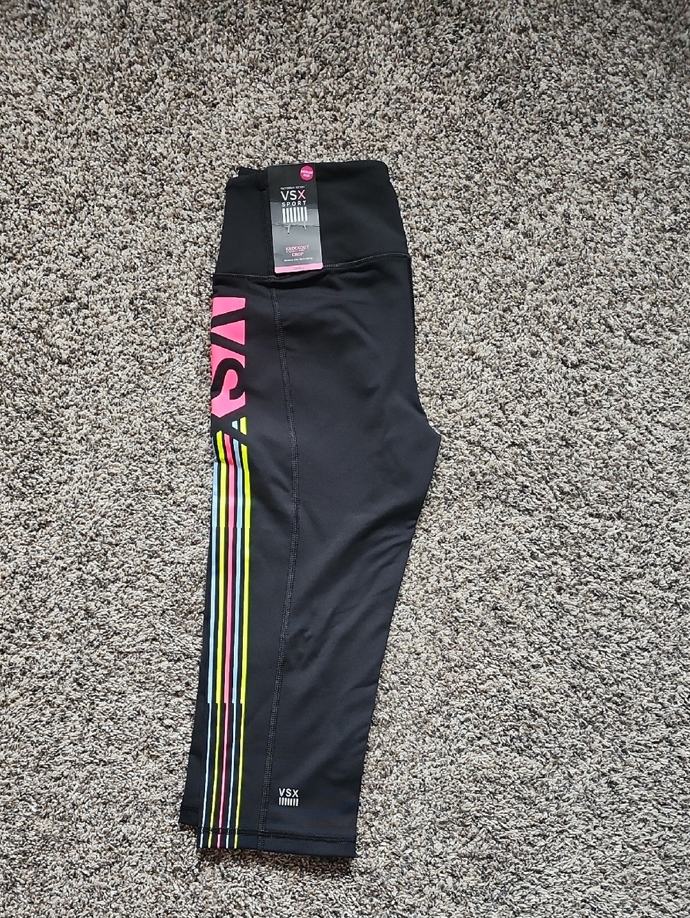 Victoria's Secret Black Leggings with Neon Multi-Stripe and Pink Logo